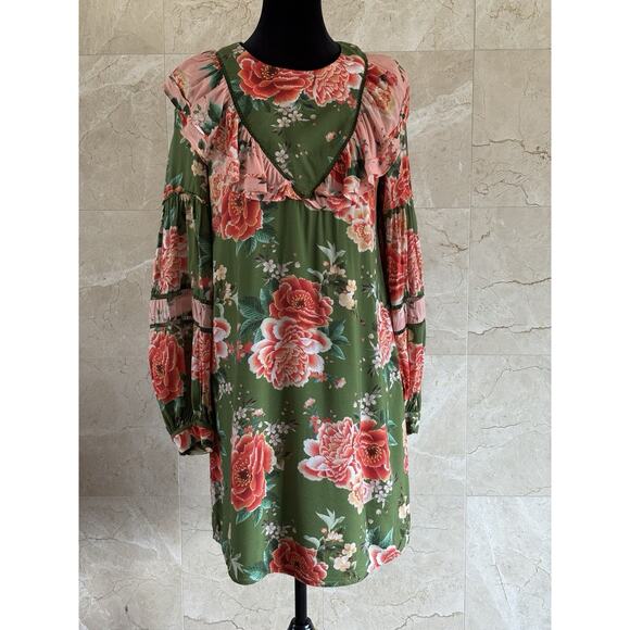 Farm Rio Elinor Tunic Dress - S Green Pink, Floral Long Sleeve Boho Twee Cottage - Picture 4 of 14